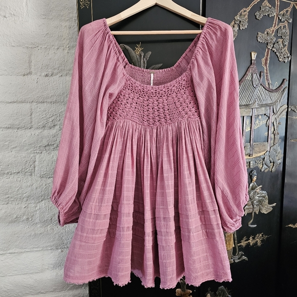 Free People Dresses & Skirts - Free People Ari Long-sleeve Crochet Babydoll Mini Dress SzXS NWOT